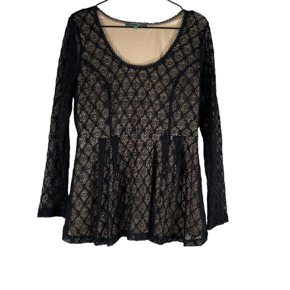 Catherine Malandrino Tops - Catherine Malandrino Long Sleeve Black Lace Tan Nude Slip Peplum Scoop Neck L